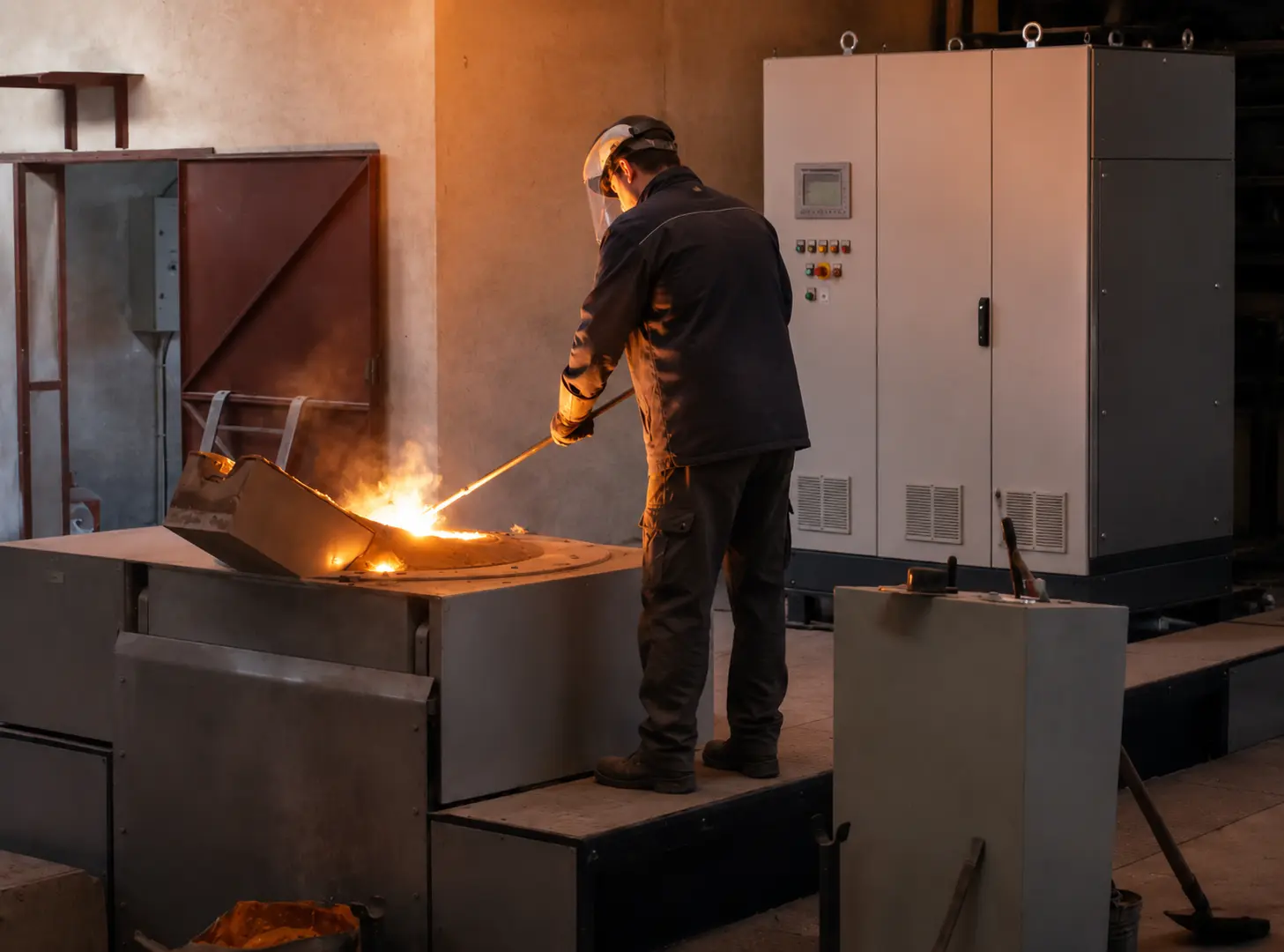 Bediener an einer industriellen Induktionsschmelzanlage mit Ofen und Energieversorgung